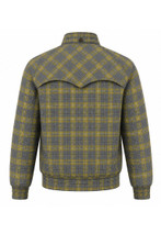 Back view of olive and grey tartan Harrington jacket with yoke detail