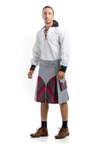 Grey hybrid kilt with red and green tartan detachable pockets and pleats, front view
