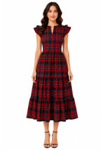Woman in red and black tartan tiered Mary dress with flutter sleeves