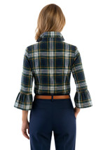 Back view of green and white tartan blouse with ruffled bell sleeves
