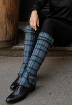 Blue tartan spats worn over black brogues, seated close-up