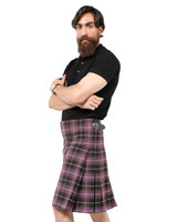 Teylu Coleman kilt in purple and grey tartan, side view with arms crossed