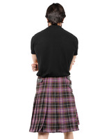 Man wearing a bespoke kilt in purple, pink and black tartan, back view with strap buckles