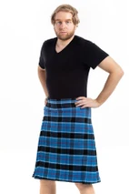 Man in bright blue, black and white tartan kilt, three-quarter front view