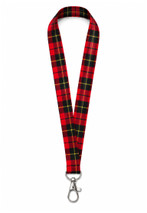 Tartan lanyard in red and black plaid with yellow lines and metal clip