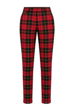 Boy's tartan trousers in red, black and yellow plaid, front view laid flat