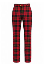 Women's slim cut tartan trousers in red and black plaid, front view laid flat