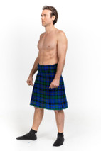 Blue and green tartan kilt, three-quarter side view on shirtless model
