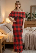 Robe longue à carreaux pour femme, épaules dénudées