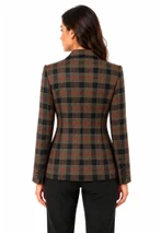 Women's 2 button tartan jacket in brown, black and red plaid, back view