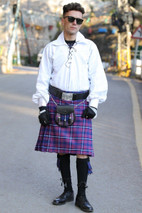 Purple tartan kilt outfit full-length front view with sporran and kilt hose