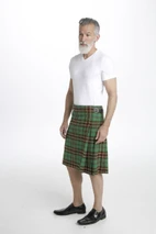 Green and brown tartan traditional kilt side view with buckle strap
