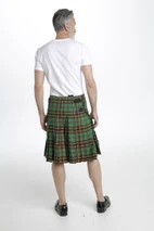 Back view of green and brown tartan traditional kilt showing deep pleats