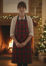 Woman wearing a red and green tartan apron with a large front pocket by a fireplace