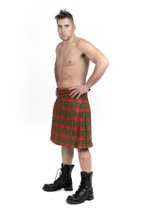Three-quarter view of man in Burnett tartan kilt and black boots