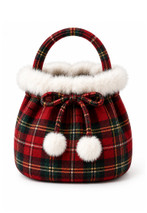 Plaid Christmas reticule bag in red tartan with white fluffy trim and pom-pom ties