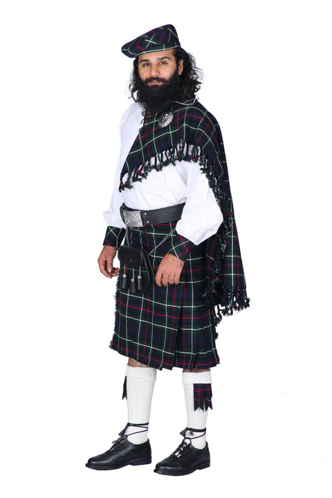 Man in MacKenzie tartan kilt outfit with fly plaid, bonnet, sporran and hose