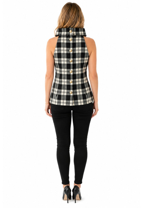 Tartan Sleeveless Cowl Neck Button Back Top