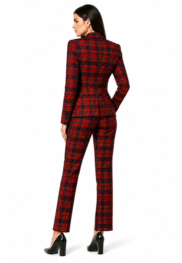 Back view of the 2-piece plaid suit in red tartan: fitted blazer and slim trousers