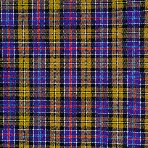 Close-up of bespoke kilt fabric in green and blue tartan with red lines