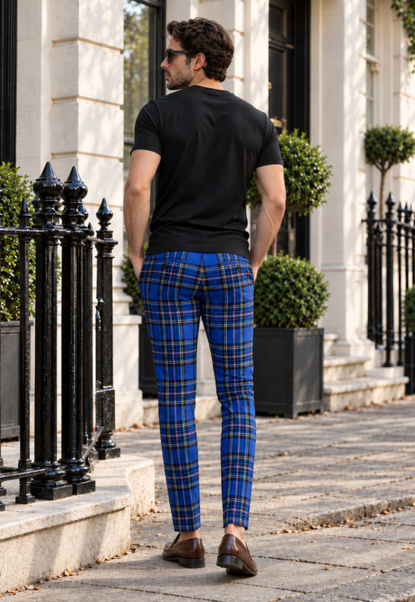 Back view of man in blue tartan trews on a city street