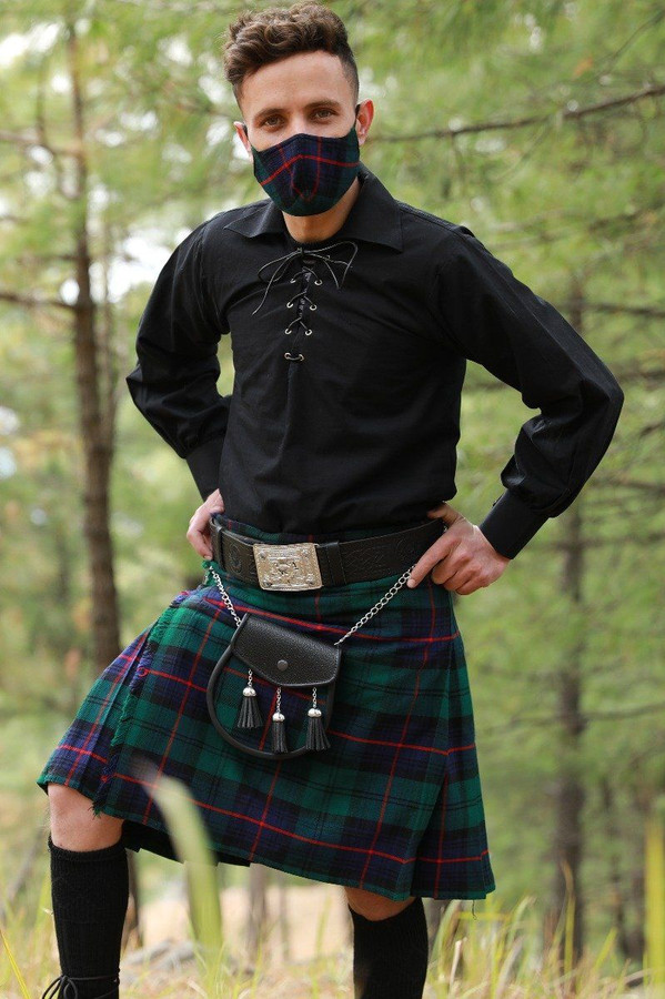 Armstrong Bespoke Kilt with black ghillie shirt, sporran, belt and matching tartan face mask