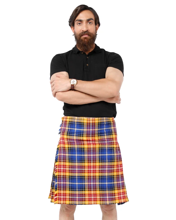 Man wearing a modern bespoke kilt in grey mottled fabric with side straps, front view
