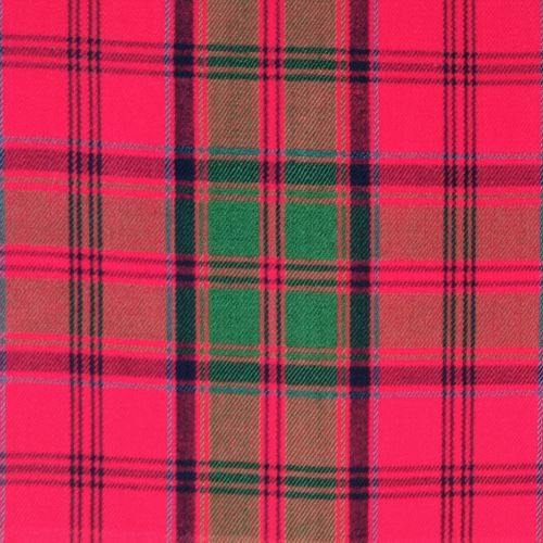 Close-up of navy and green tartan fabric with red and white lines for a bespoke kilt
