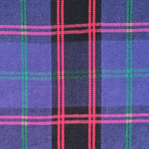 Close-up of bespoke kilt fabric in blue-purple tartan with pink, red and green lines