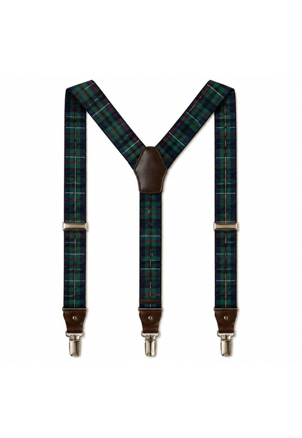 Navy and green tartan Y-back braces with brown leather tab and metal clips