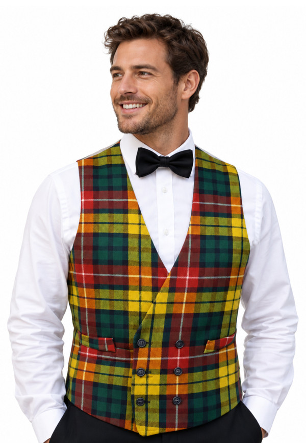 Double breasted tartan waistcoat in yellow, red and green plaid with bow tie, front view