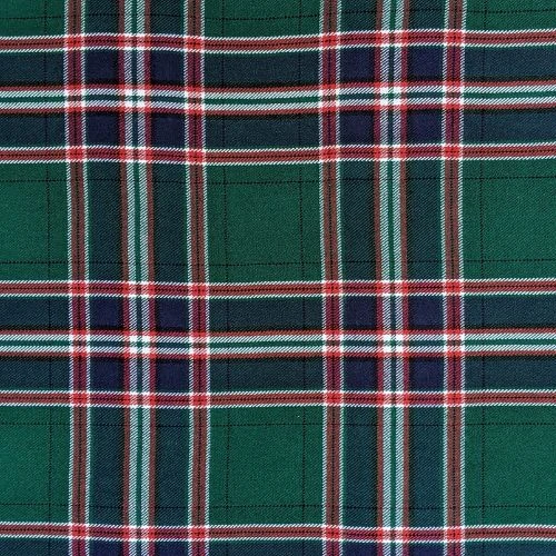 Close-up of red tartan fabric with dark green and blue checks for a bespoke kilt