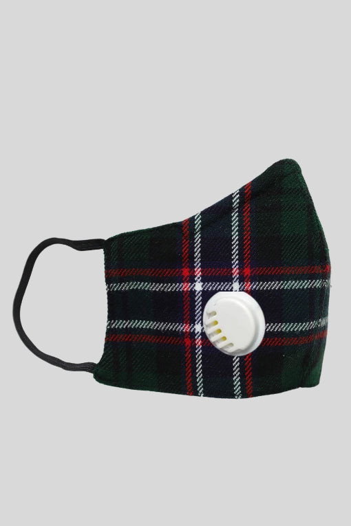 Dark green and navy tartan face mask with red and white lines and breathing valve