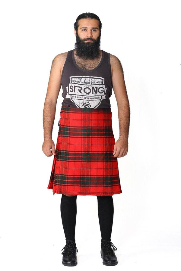Man in red and green Maxwell tartan kilt with black tank top, front view
