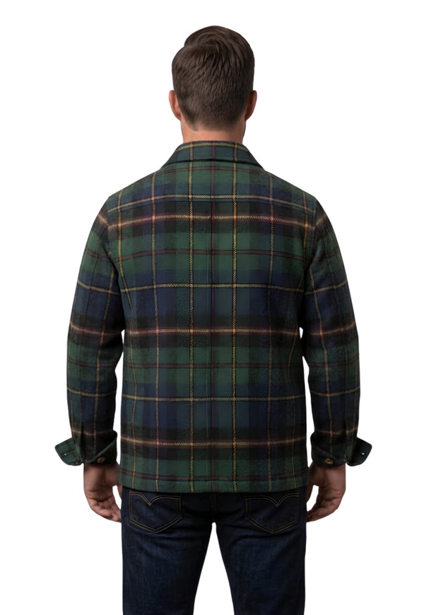 Back view of man in dark green and navy tartan crofter chore coat