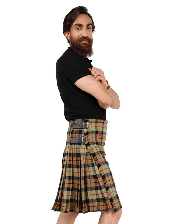 Man wearing a bespoke kilt in blue and green tartan, side view with buckle straps