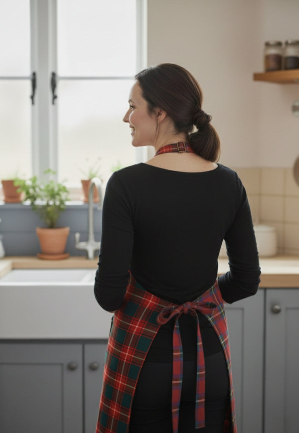 Back view of woman in kitchen wearing red and green tartan apron tied at waist