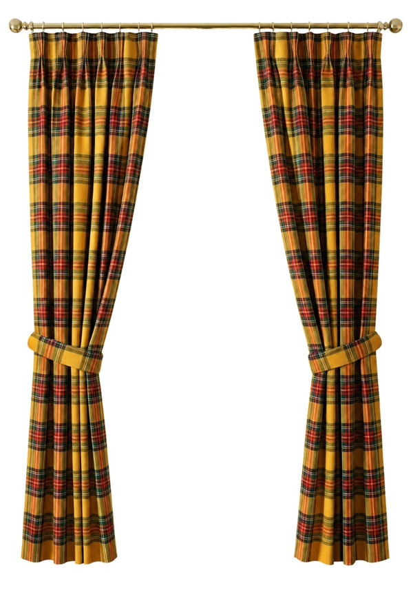 Gold and red tartan pencil pleat curtains tied back on a brass pole