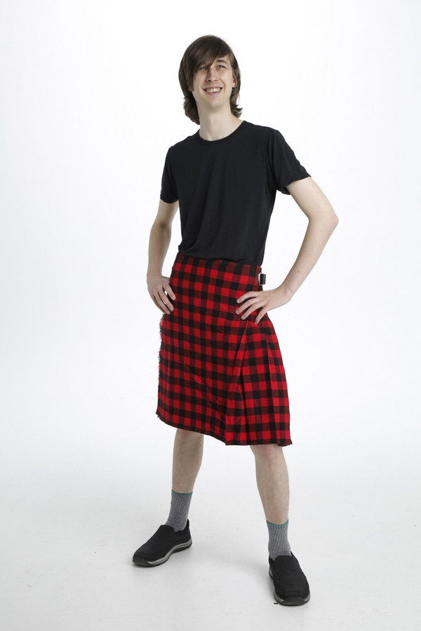 Rob Roy MacGregor kilt in red and black check, front view on a young man