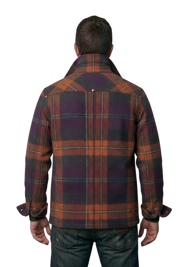 Man in a blanket-lined chore coat in brown, rust and purple check, back view