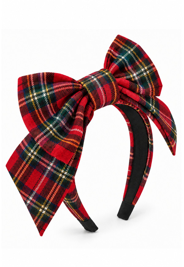 Big bow tartan headband in red and black plaid with yellow lines