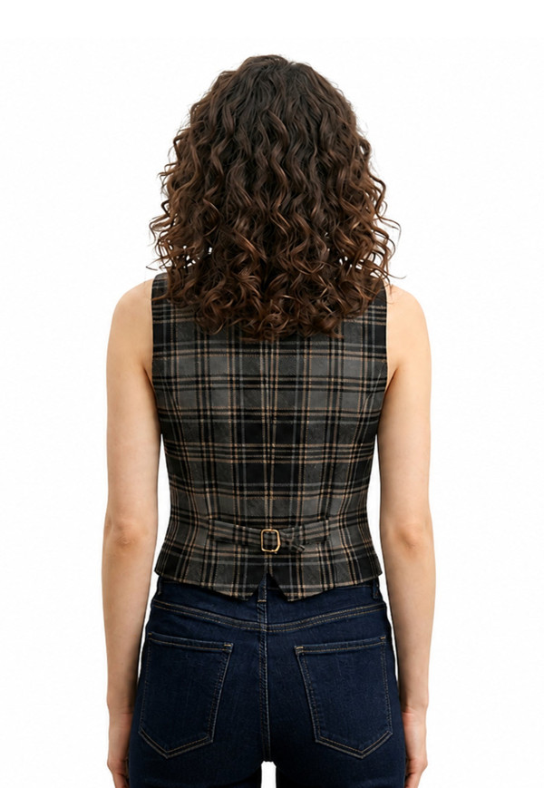 Square Neck Plaid Tailored Vest