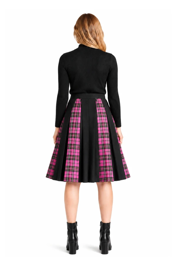Striped Tartan Panel Pleated Skirt