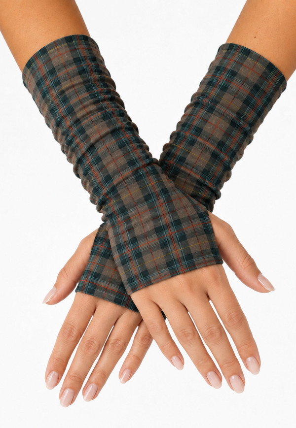 Brown and green tartan fingerless arm warmers worn with crossed hands
