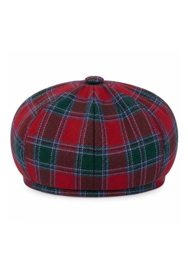 Red and green tartan baker boy cap with button top