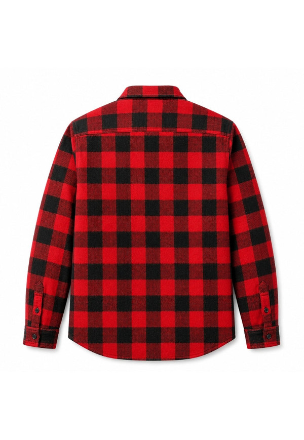 Back view of red and black buffalo check flannel shirt