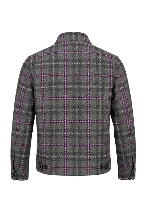 Back view of grey tartan Harrington jacket with purple lines