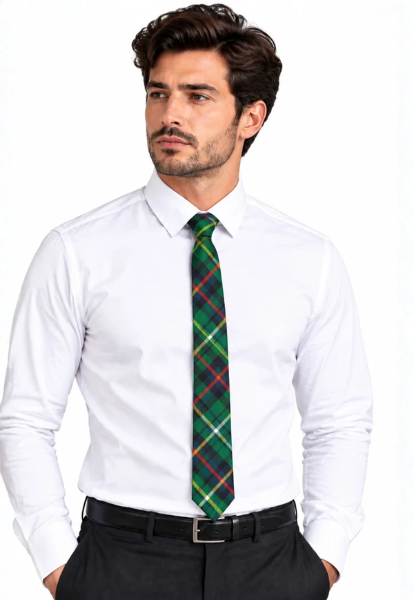 Man wearing a narrow tie in green tartan with red and yellow lines and a white shirt