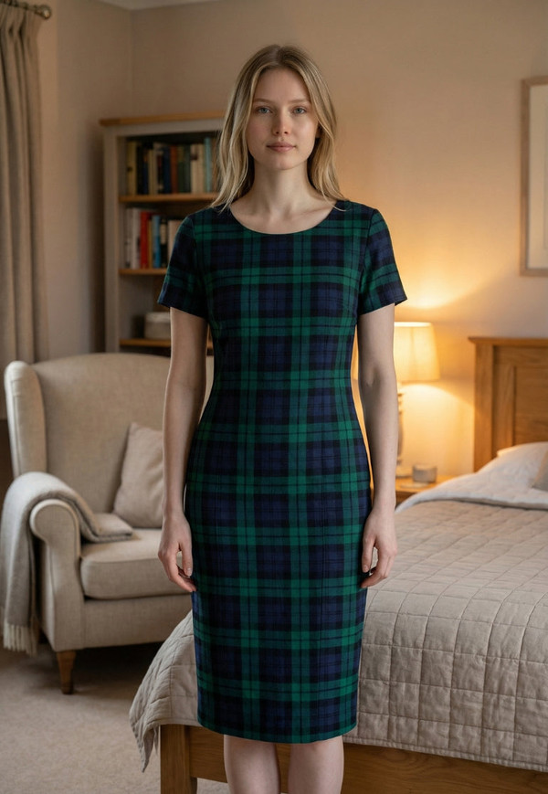 Woman in dark green and navy tartan short-sleeved shift dress in a bedroom
