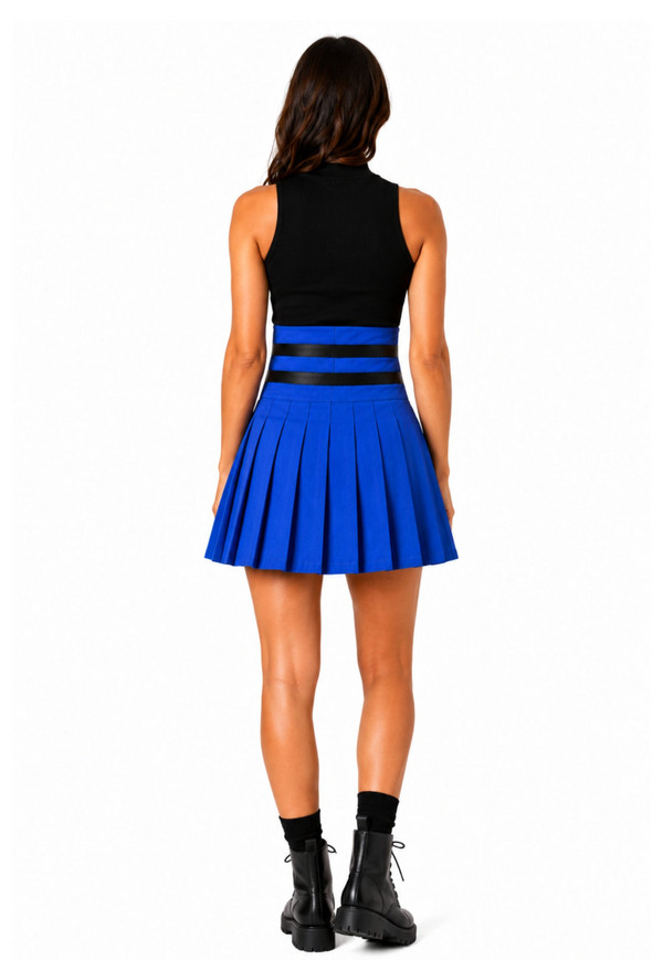 Back view of woman in royal blue pleated luxury utility kilt with black straps